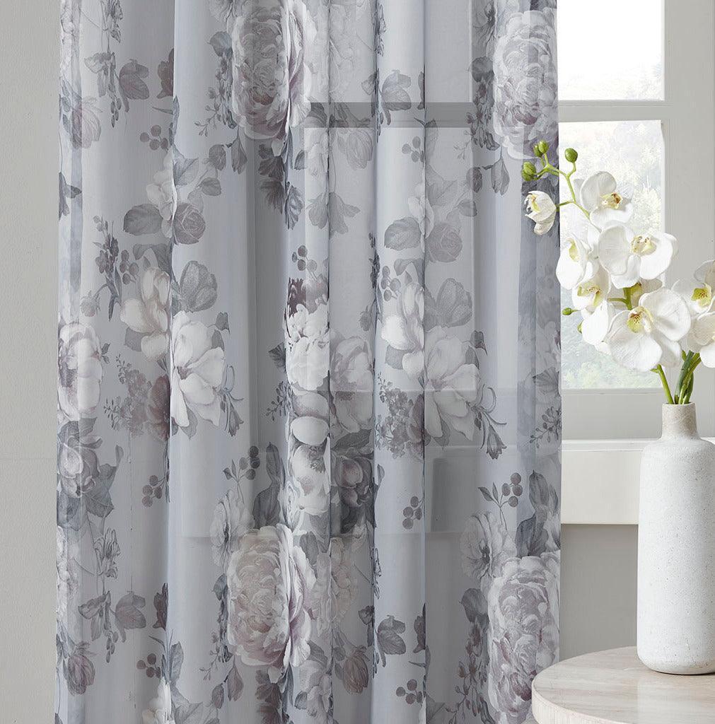 Olliix.com Curtains - Simone 84 H Printed Floral Twist Tab Top Voile Sheer Gray