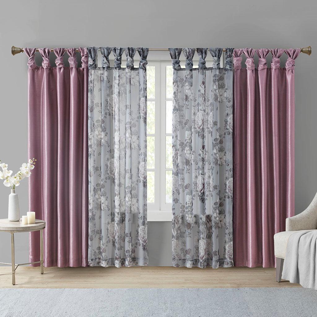 Olliix.com Curtains - Simone 84 H Printed Floral Twist Tab Top Voile Sheer Gray
