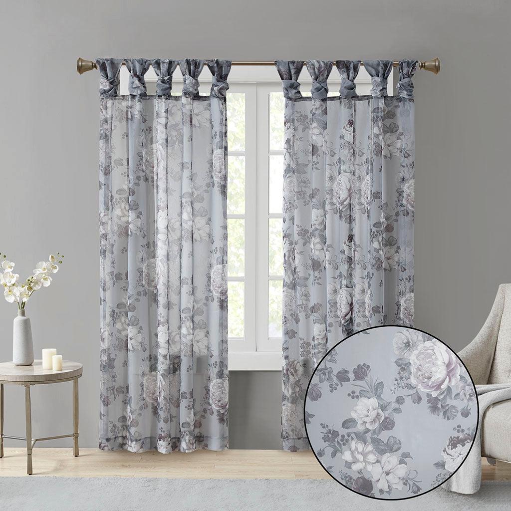 Olliix.com Curtains - Simone 84 H Printed Floral Twist Tab Top Voile Sheer Gray