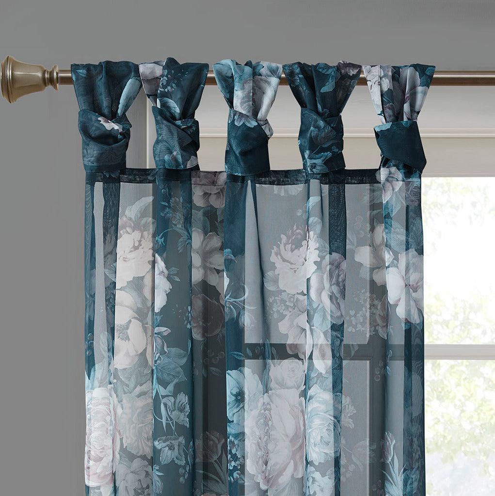 Olliix.com Curtains - Simone 84 H Printed Floral Twist Tab Top Voile Sheer Navy