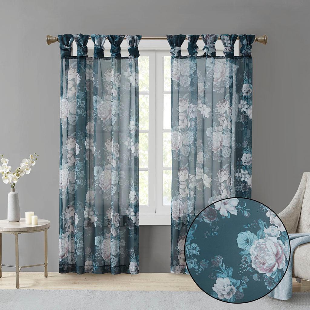 Olliix.com Curtains - Simone 84 H Printed Floral Twist Tab Top Voile Sheer Navy