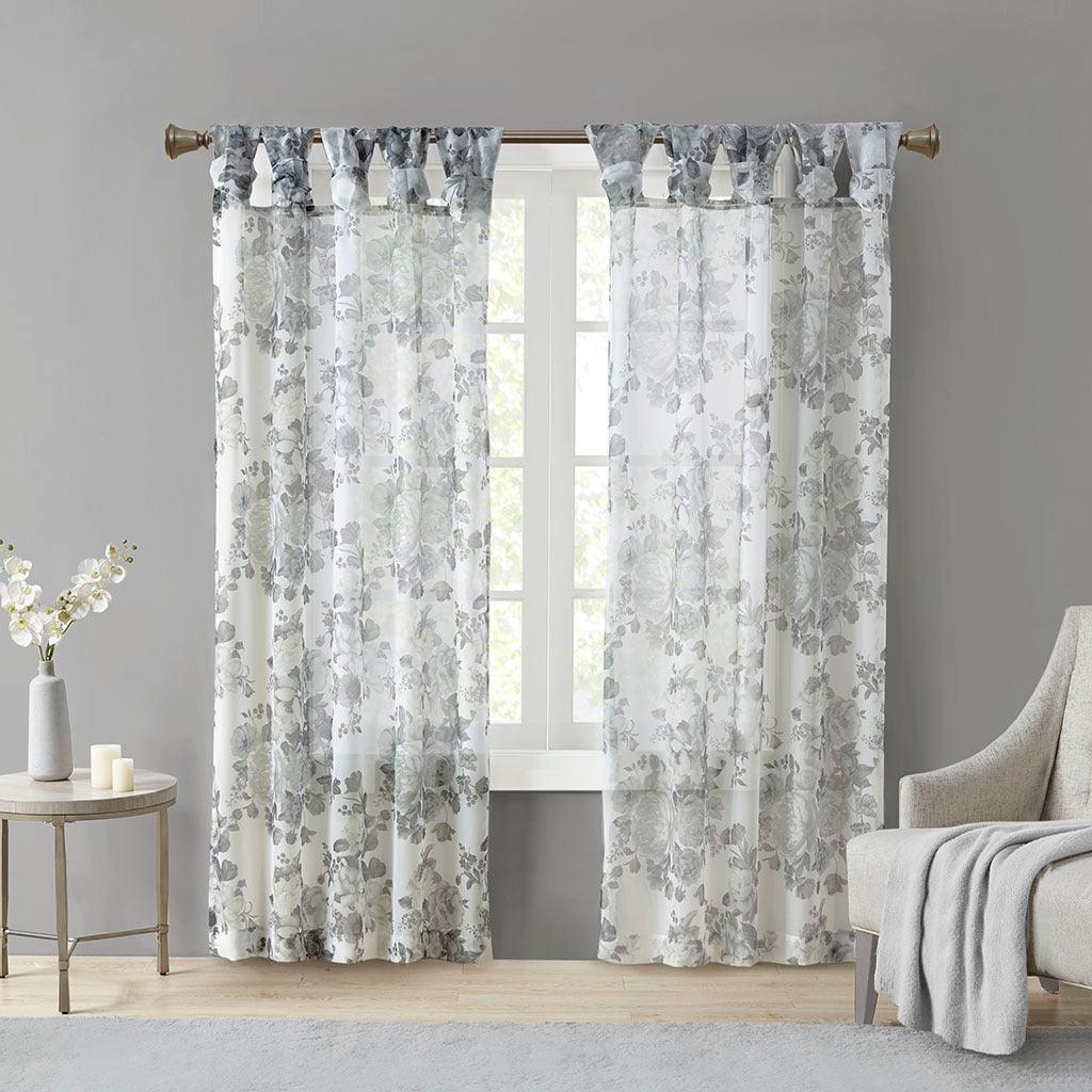 Olliix.com Curtains - Simone 84 H Printed Floral Twist Tab Top Voile Sheer White
