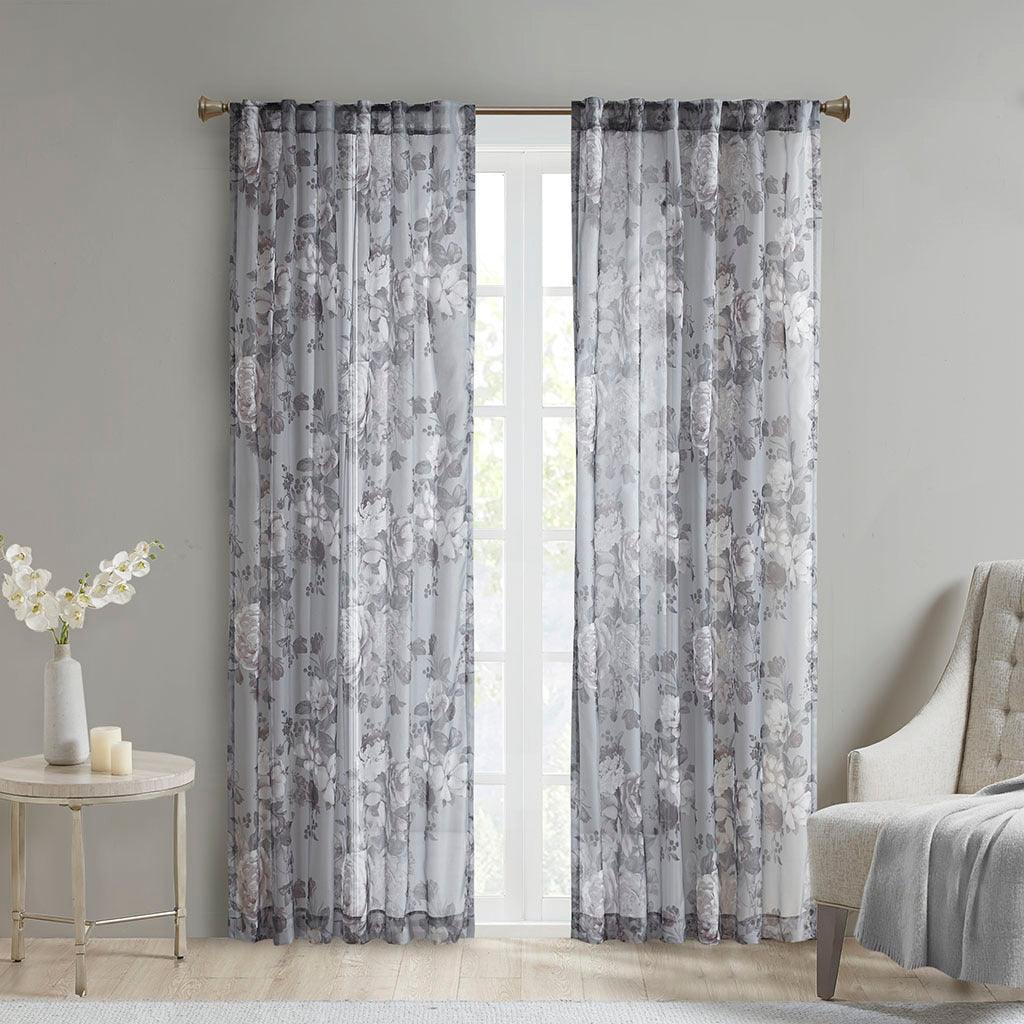 Olliix.com Curtains - Simone 95 H Printed Floral Rod Pocket and Back Tab Voile Sheer Gray