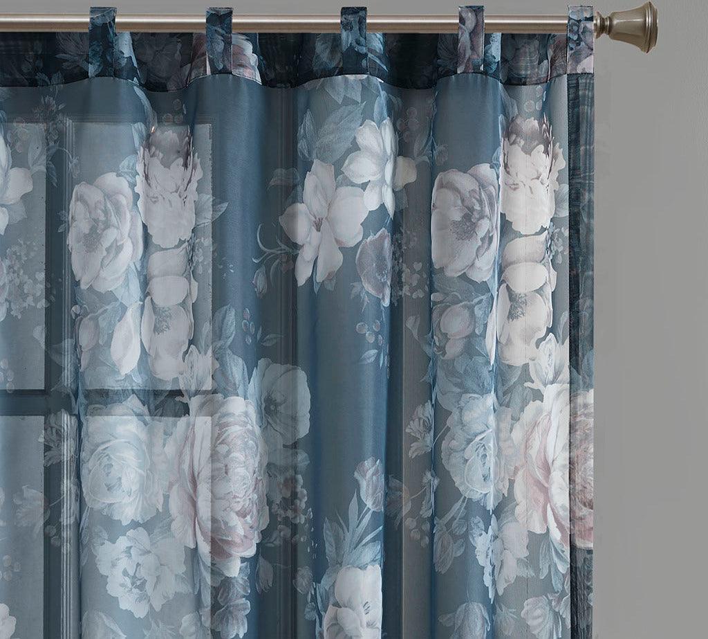 Olliix.com Curtains - Simone 95 H Printed Floral Rod Pocket and Back Tab Voile Sheer Navy