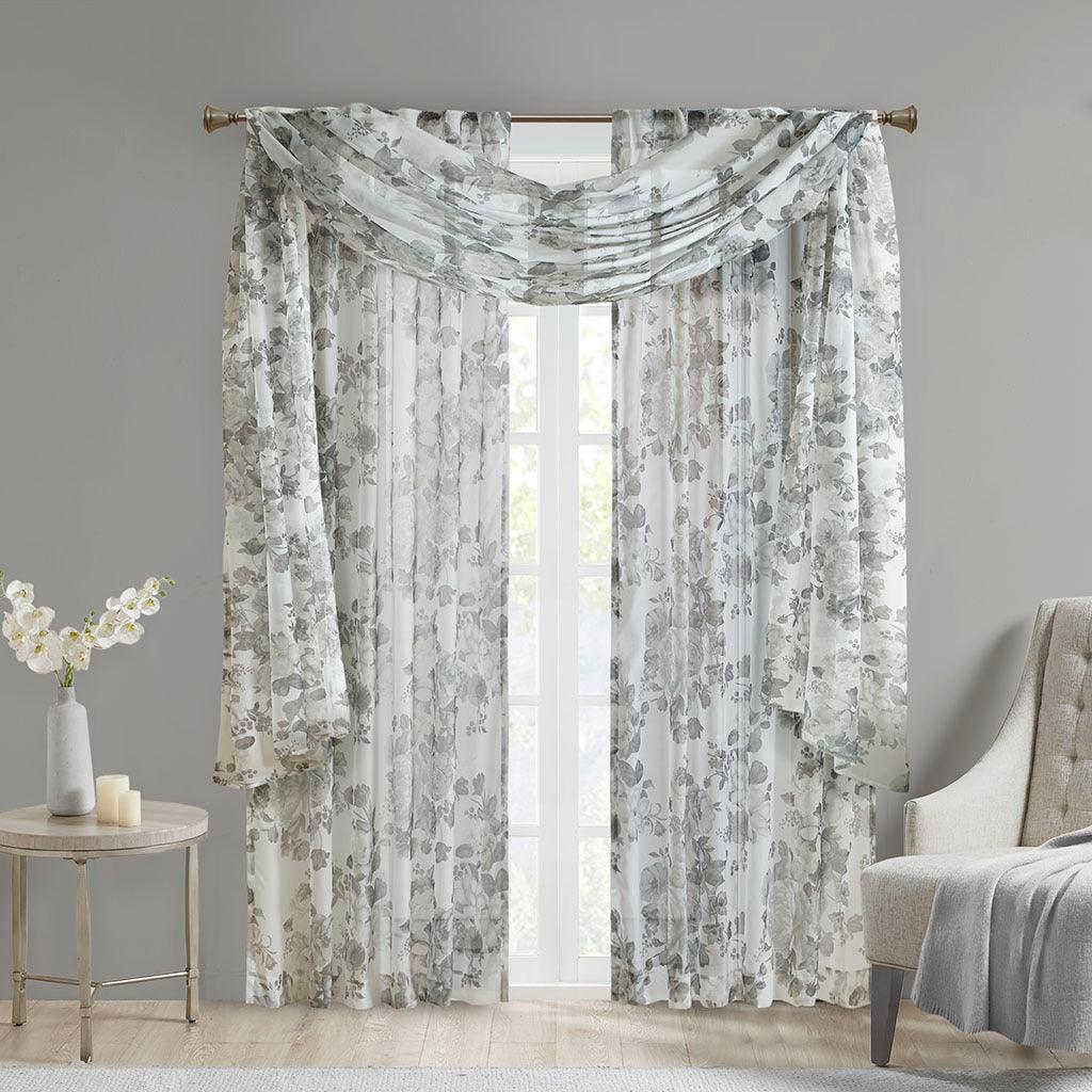 Olliix.com Curtains - Simone 95 H Printed Floral Rod Pocket and Back Tab Voile Sheer White