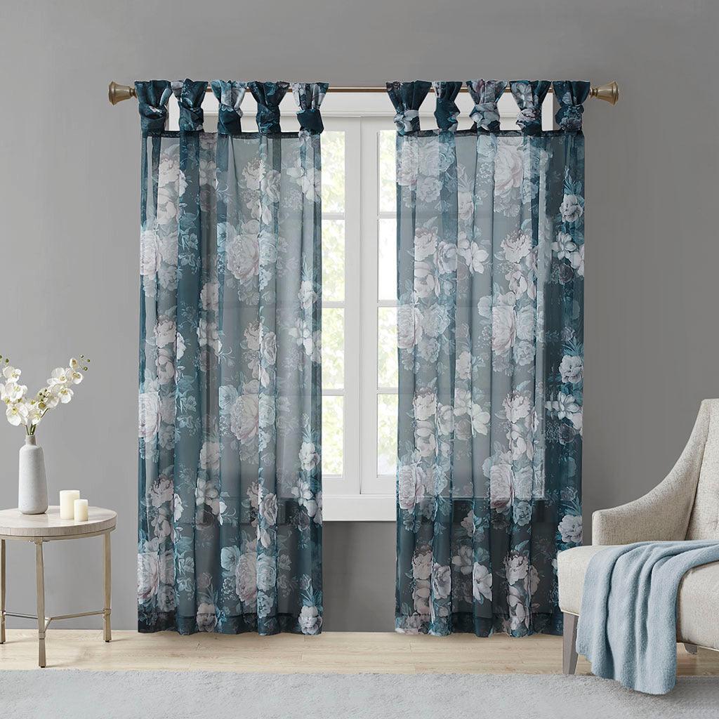 Olliix.com Curtains - Simone 95 H Printed Floral Twist Tab Top Voile Sheer Navy