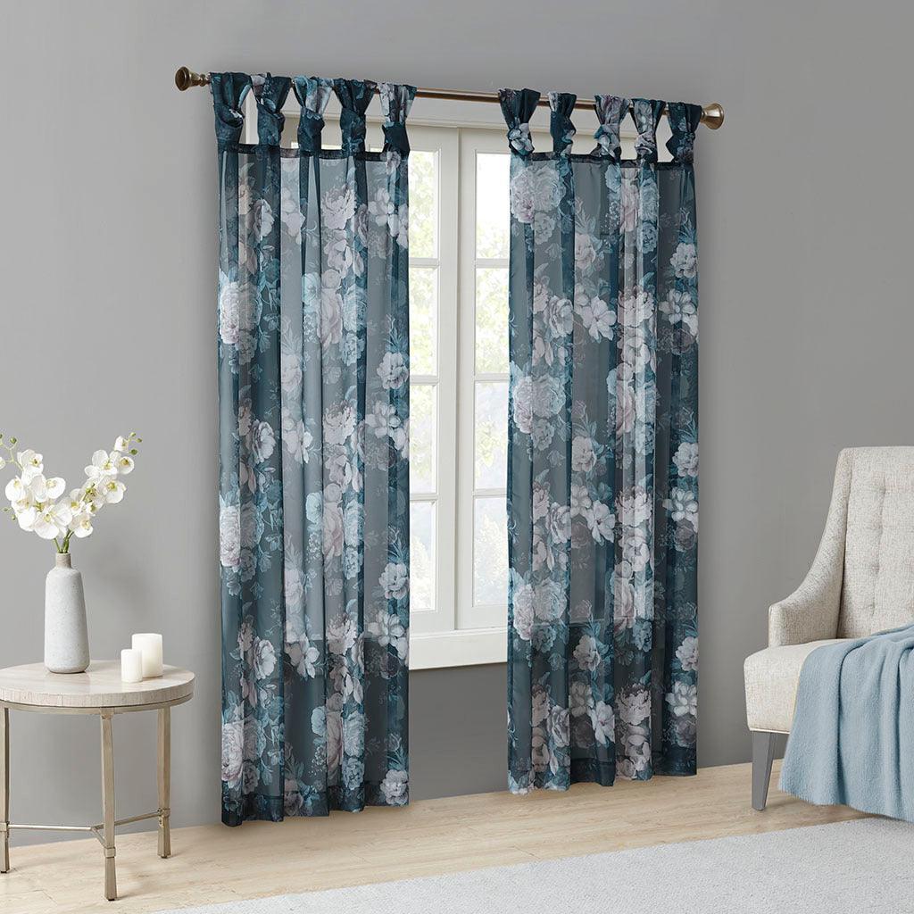 Olliix.com Curtains - Simone 95 H Printed Floral Twist Tab Top Voile Sheer Navy