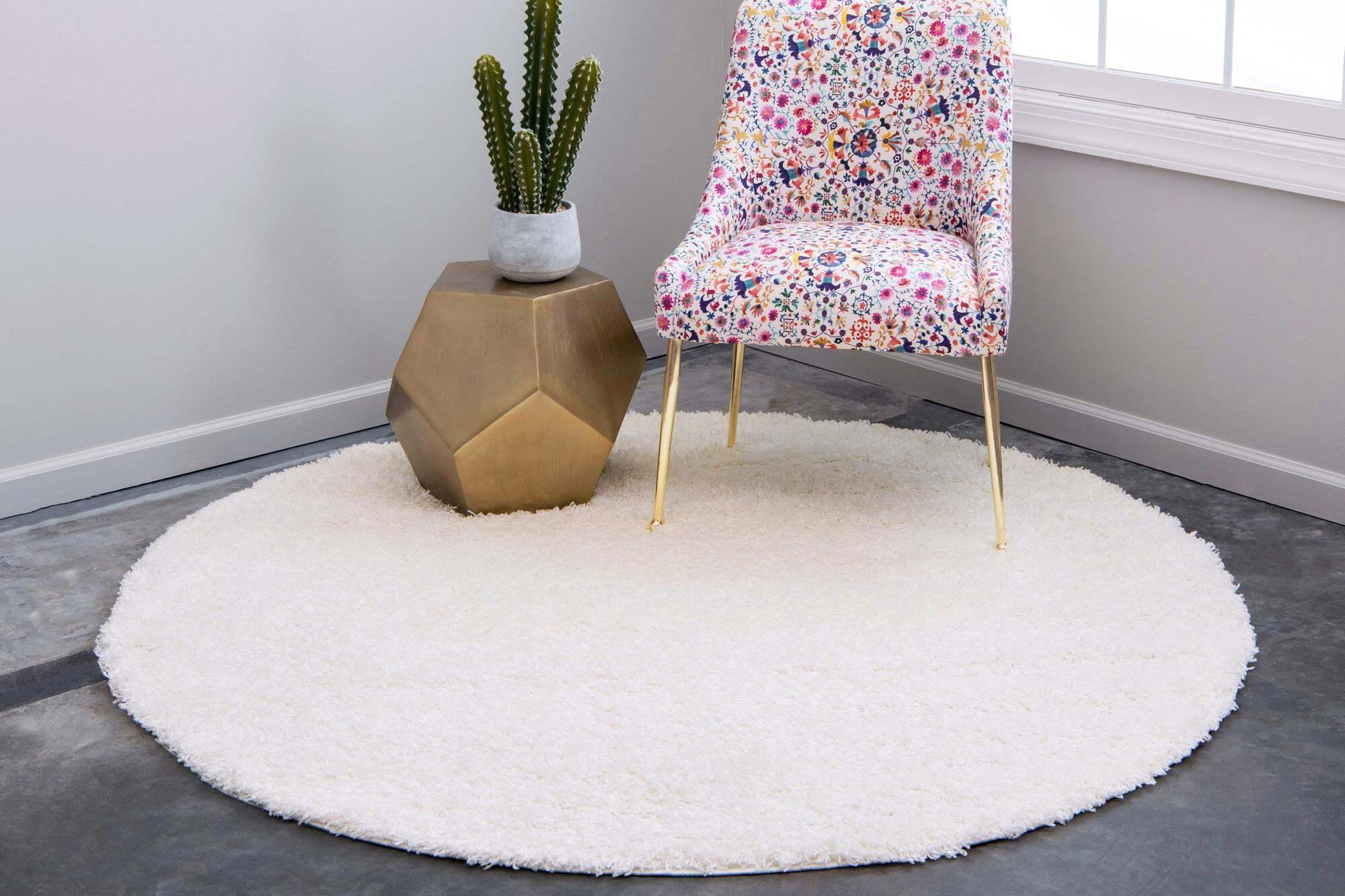 Unique Loom Indoor Rugs - Solid Shag 7 Ft Round Rug Snow White