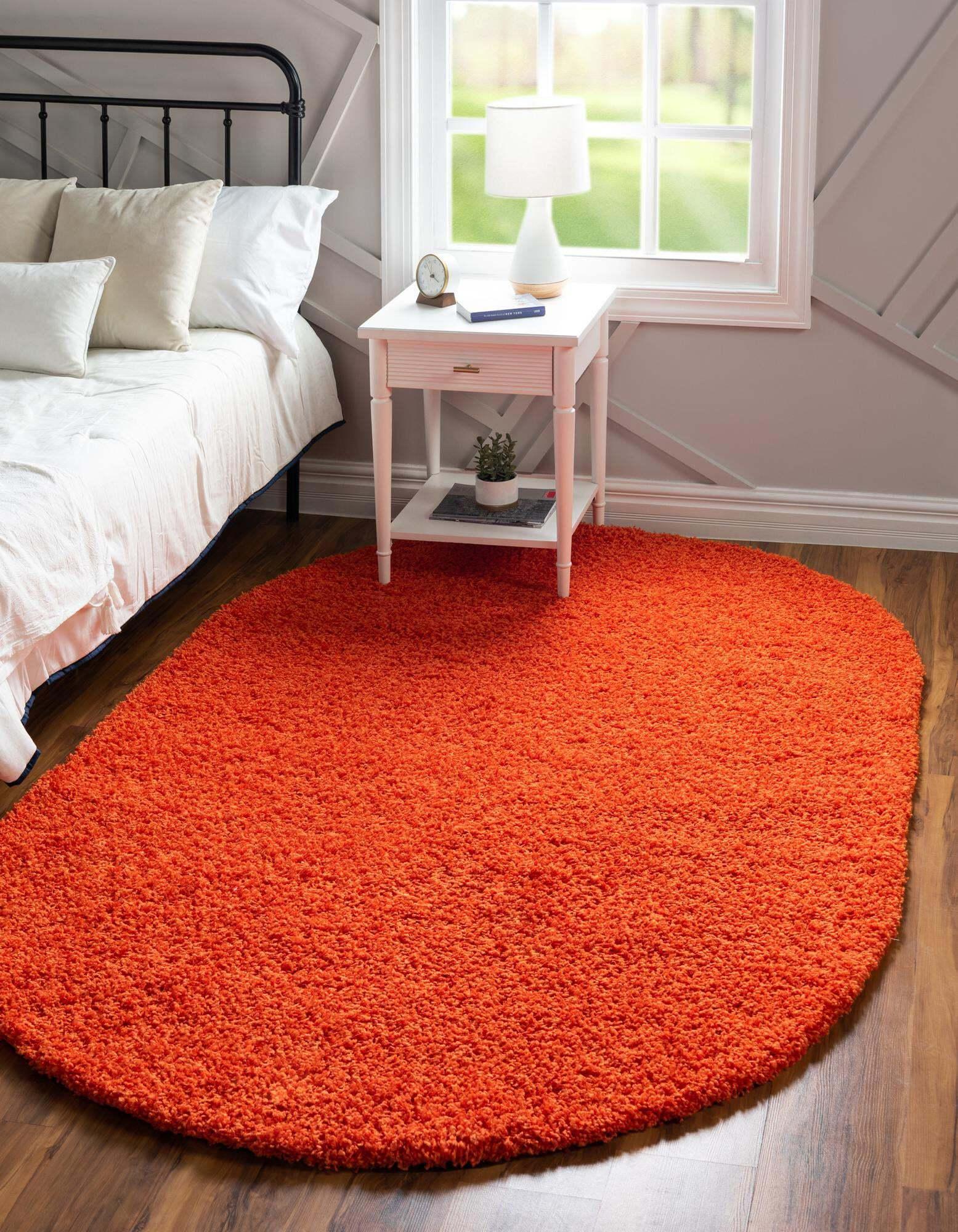 Unique Loom Indoor Rugs - Solid Shag Solid Oval 8x10 Oval Rug Tiger Orange