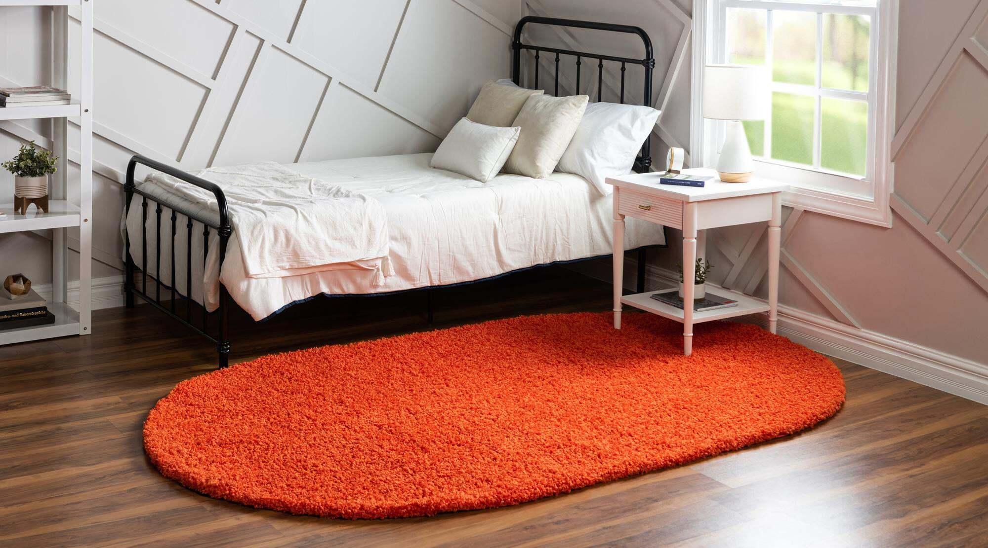 Unique Loom Indoor Rugs - Solid Shag Solid Oval 8x10 Oval Rug Tiger Orange