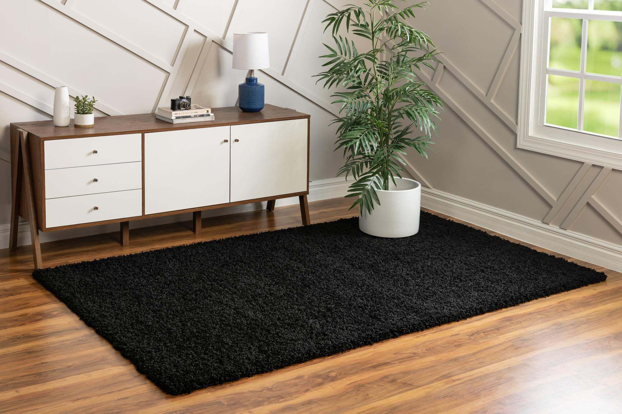 Unique Loom Indoor Rugs - Solid Shag Solid Rectangular 8x11 Rug Jet Black