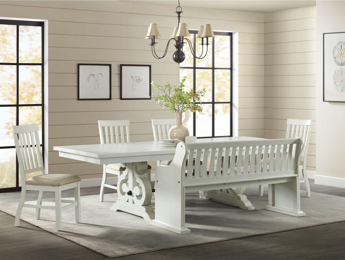 Elements Dining Sets - Stanford 6 Piece Dining Set-Table, 4 Side Chairs & Pew Bench in White