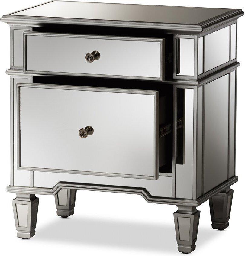 Wholesale Interiors Nightstands & Side Tables - Sussie Glamour Style Mirrored 2-Drawer Nightstand Silver