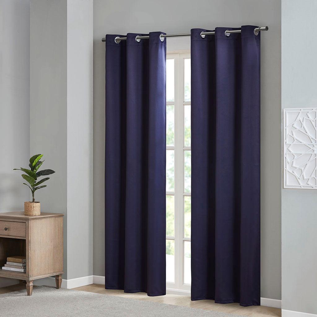 Olliix.com Curtains - Taren 63 H Solid Blackout Triple Weave Grommet Top Curtain Panel Pair Navy