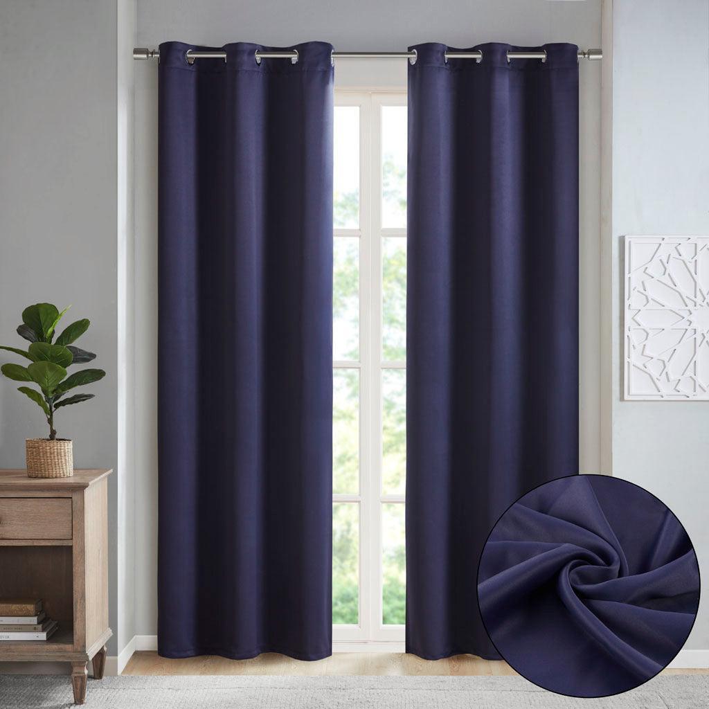 Olliix.com Curtains - Taren 63 H Solid Blackout Triple Weave Grommet Top Curtain Panel Pair Navy