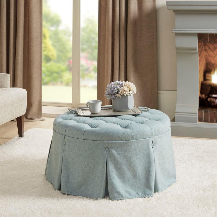 Olliix.com Ottomans & Stools - Terri Skirted Tufted 32" Round Ottoman Blue