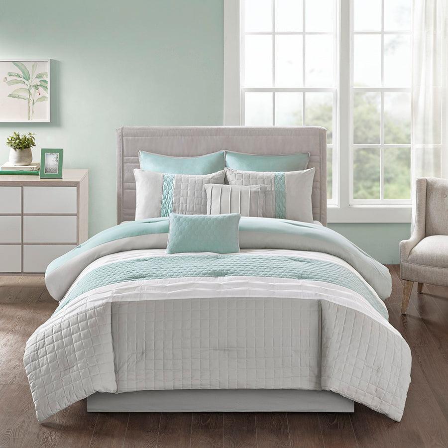 Olliix.com Comforters & Blankets - Tinsley 8 Piece 26" W Comforter Set Seafoam & Gray Queen