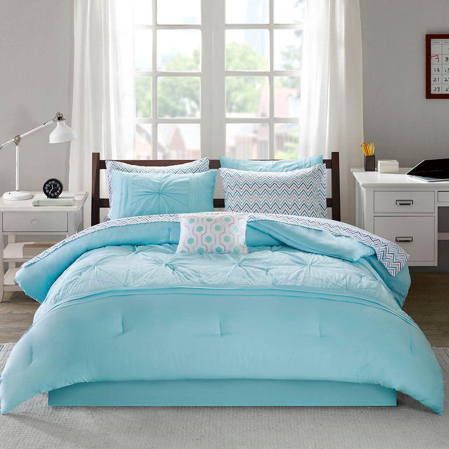 Olliix.com Comforters & Blankets - Toren Embroidered Comforter and Sheet Set Aqua Full