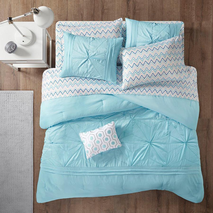 Olliix.com Comforters & Blankets - Toren Embroidered Comforter and Sheet Set Aqua Full