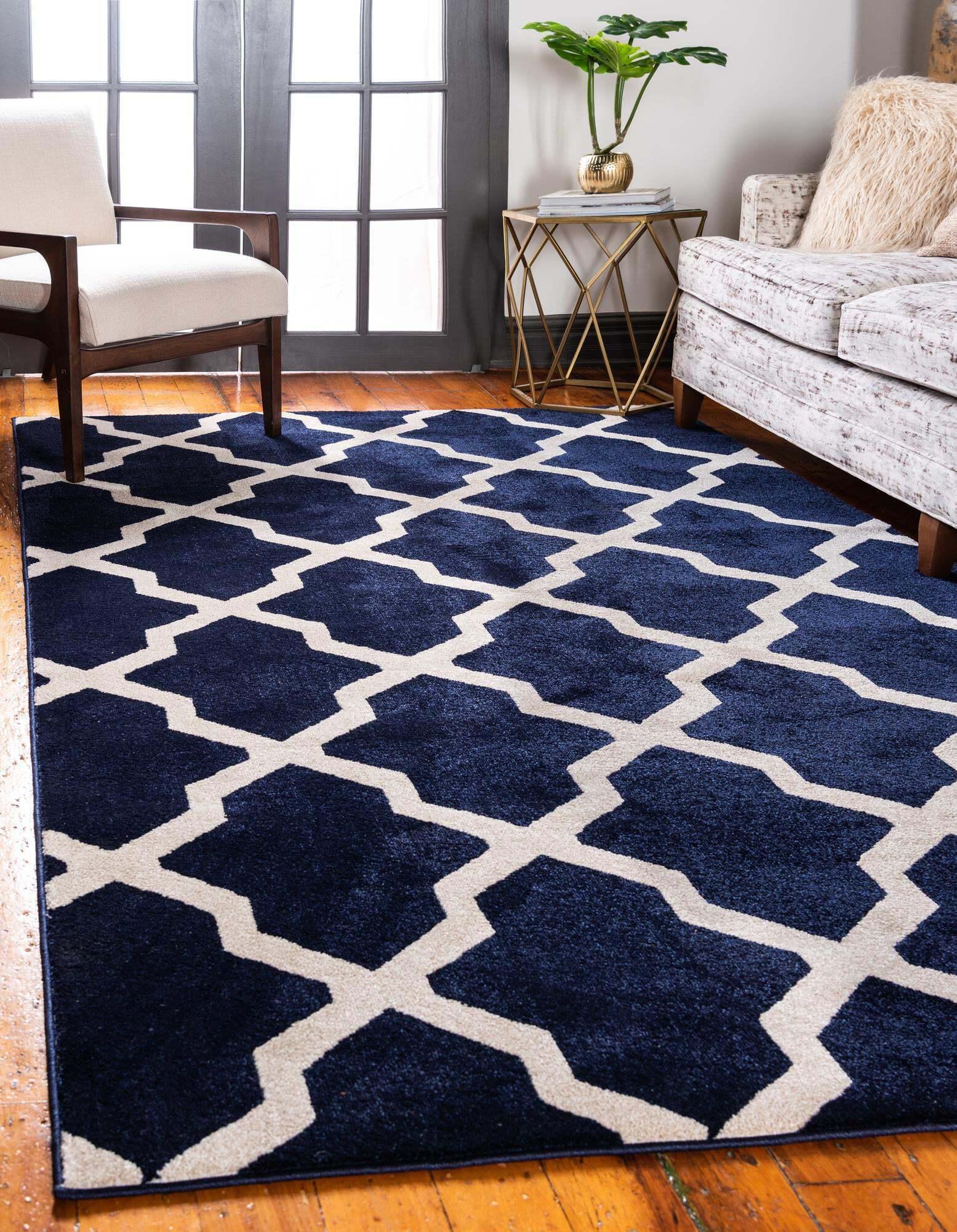 Unique Loom Indoor Rugs - Trellis Geometric 9x12 Rug Navy Blue & Beige
