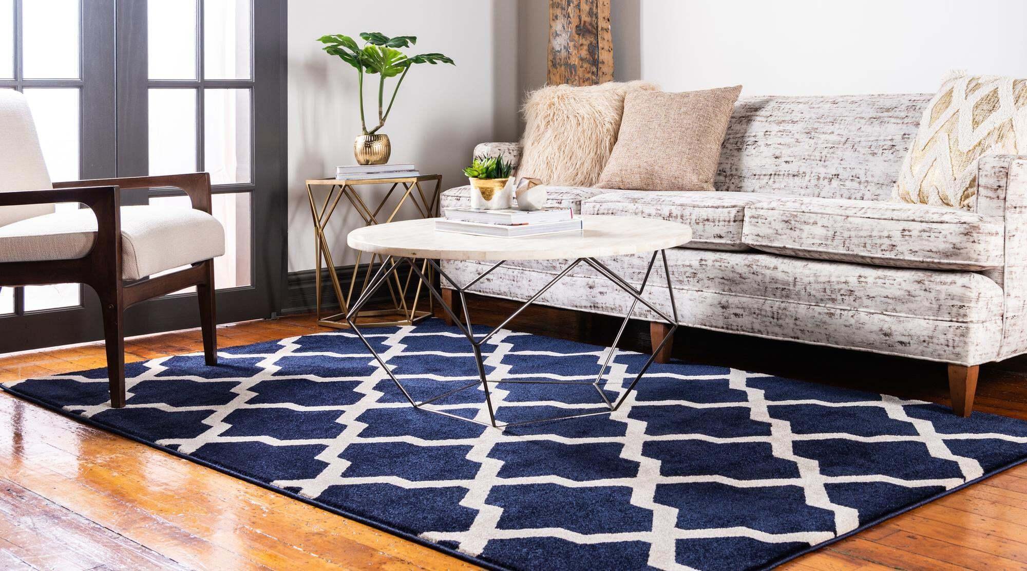 Unique Loom Indoor Rugs - Trellis Geometric 9x12 Rug Navy Blue & Beige