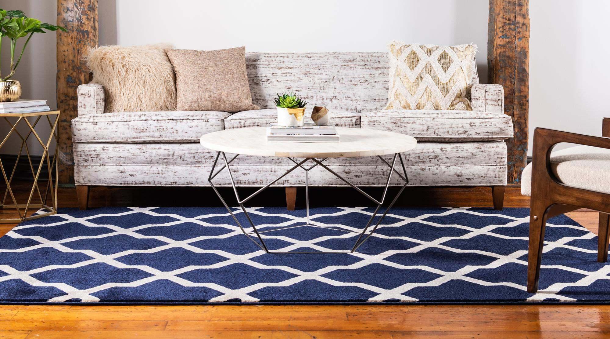Unique Loom Indoor Rugs - Trellis Geometric 9x12 Rug Navy Blue & Beige