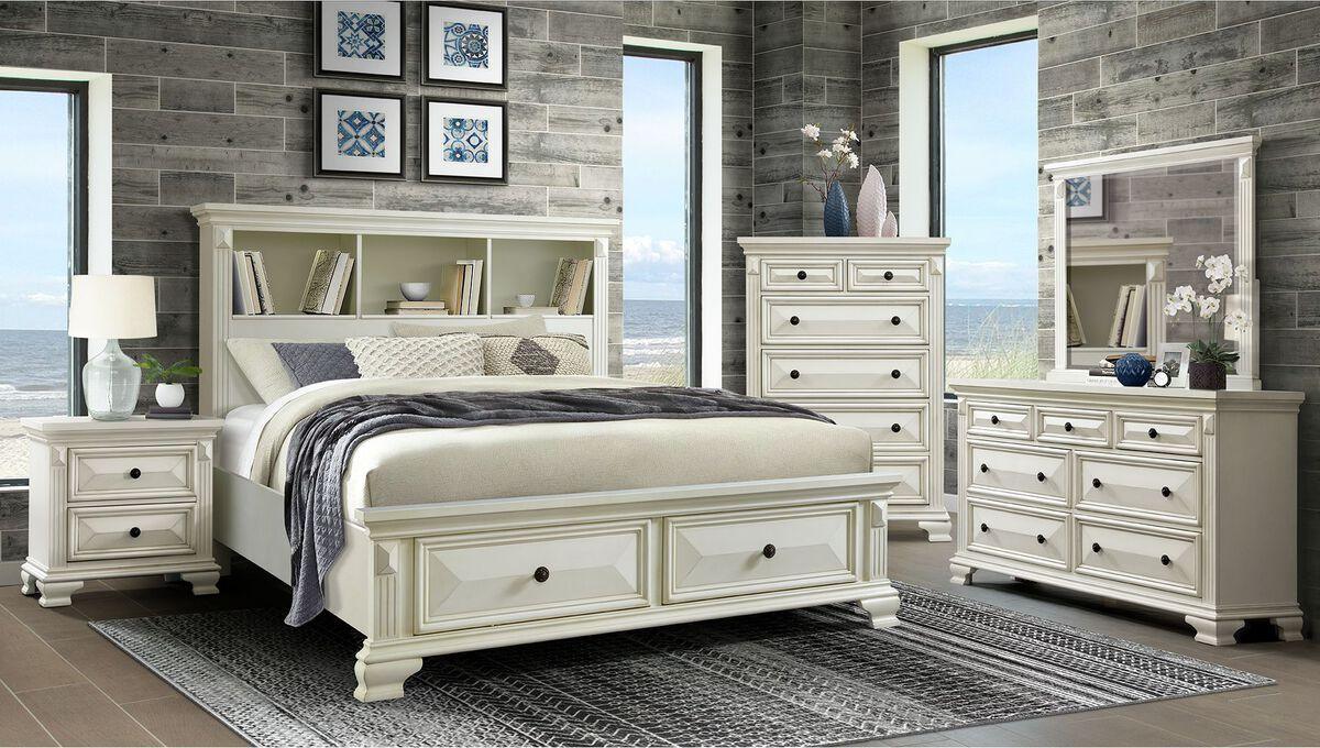 Elements Beds - Trent Queen Bookcase Storage Bed in White