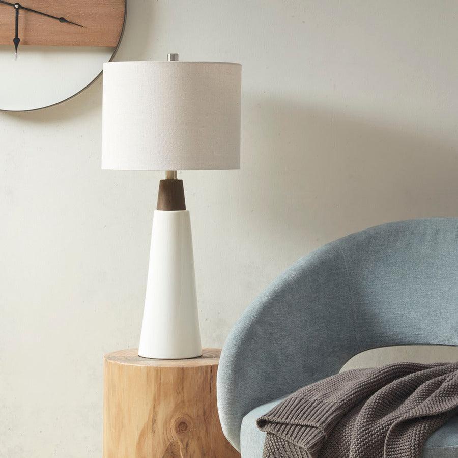 Olliix.com Table Lamps - Tristan Ceramic With Wood Table Lamp White Base & Cream Shade