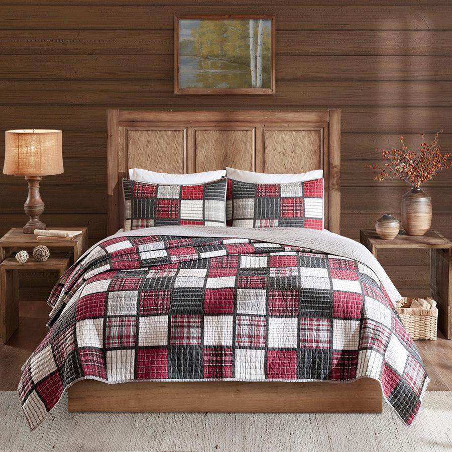 Olliix.com Comforters & Blankets - Tulsa Lodge/Cabin Oversized Plaid Print Cotton Quilt Set Full/Queen Red & Gray