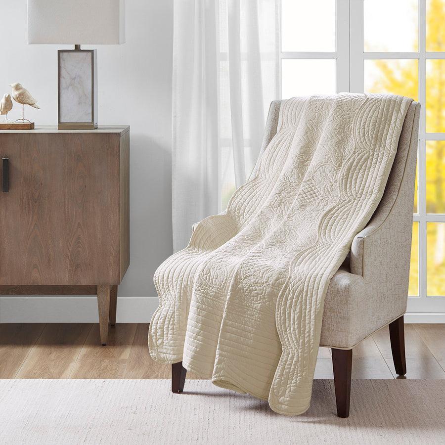 Olliix.com Pillows & Throws - Tuscany Cottage Oversized Quilted Throw with Scalloped Edges 60x72" Cream