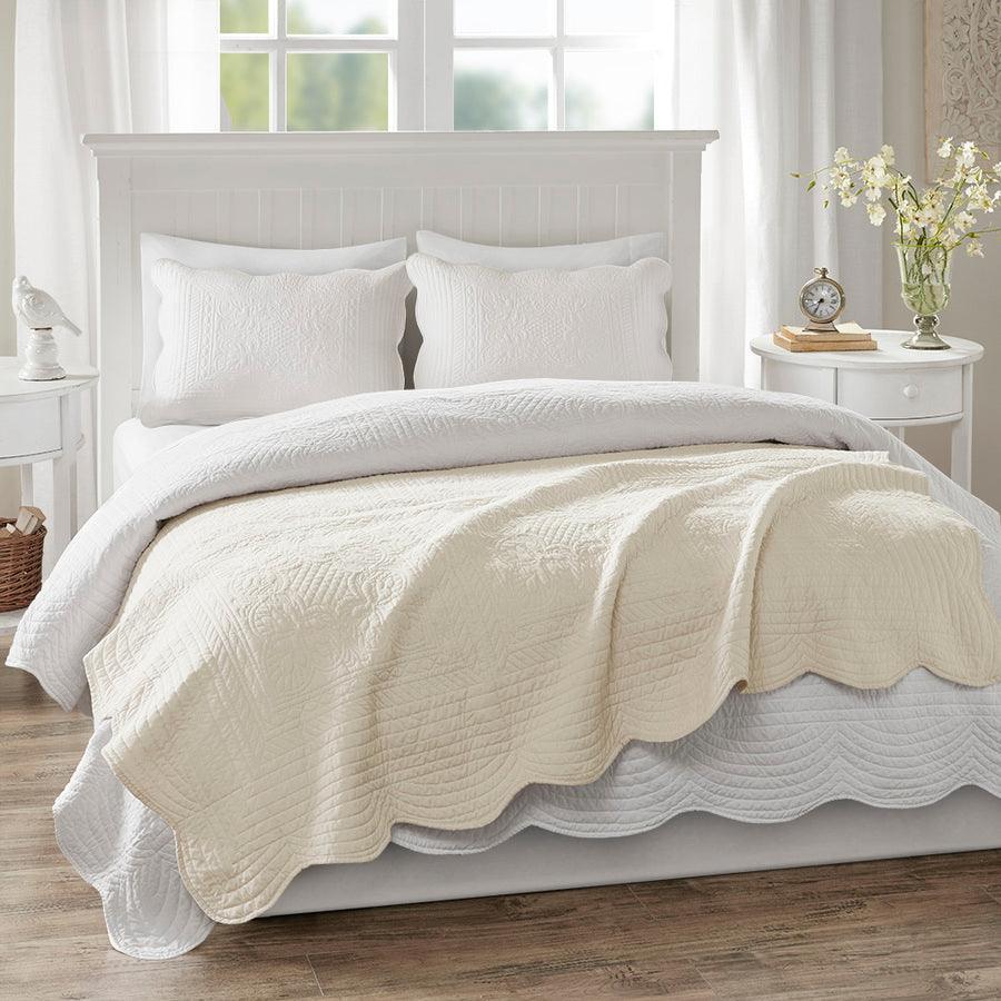 Olliix.com Pillows & Throws - Tuscany Cottage Oversized Quilted Throw with Scalloped Edges 60x72" Cream