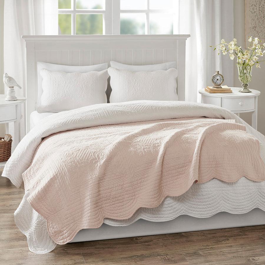 Olliix.com Pillows & Throws - Tuscany Cottage/Country Oversized Quilted Throw with Scalloped Edges 60"W x 72"L Blush