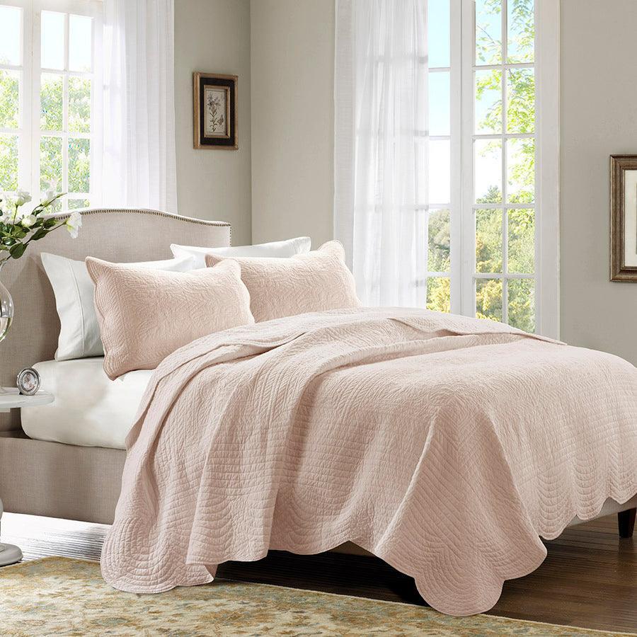 Olliix.com Comforters & Blankets - Tuscany Full/Queen 3 Piece Reversible Scalloped Edge Coverlet Set Blush