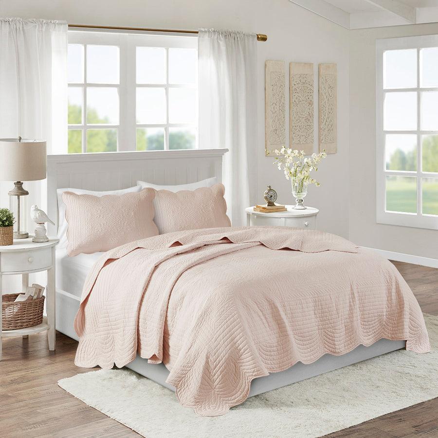 Olliix.com Comforters & Blankets - Tuscany Full/Queen 3 Piece Reversible Scalloped Edge Coverlet Set Blush