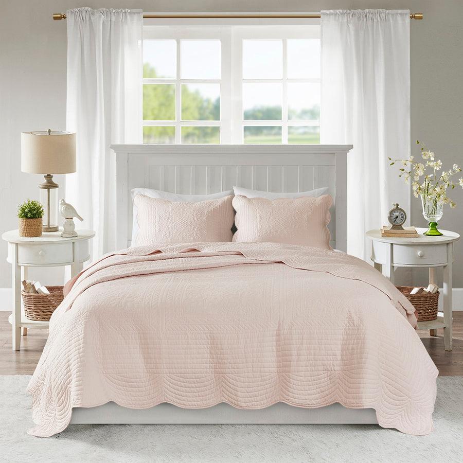 Olliix.com Comforters & Blankets - Tuscany Full/Queen 3 Piece Reversible Scalloped Edge Coverlet Set Blush