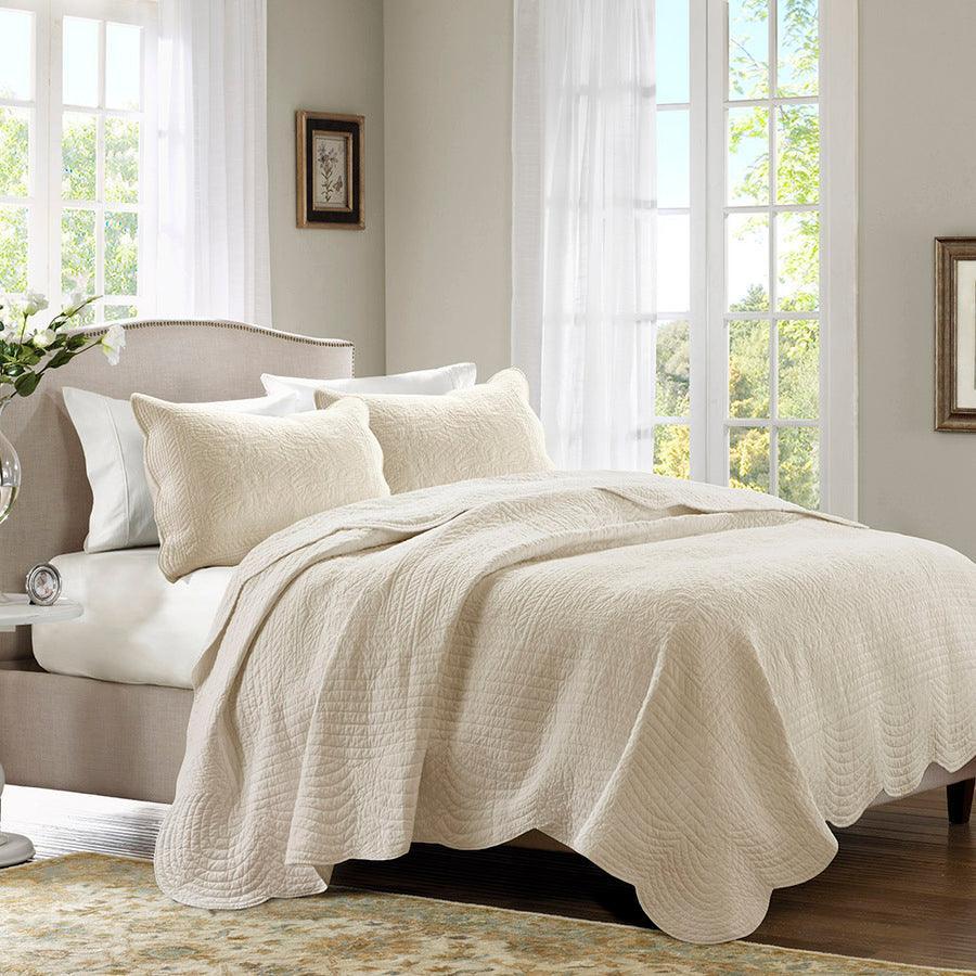 Olliix.com Comforters & Blankets - Tuscany King/California King 3 Piece Reversible Scalloped Edge Coverlet Set Cream