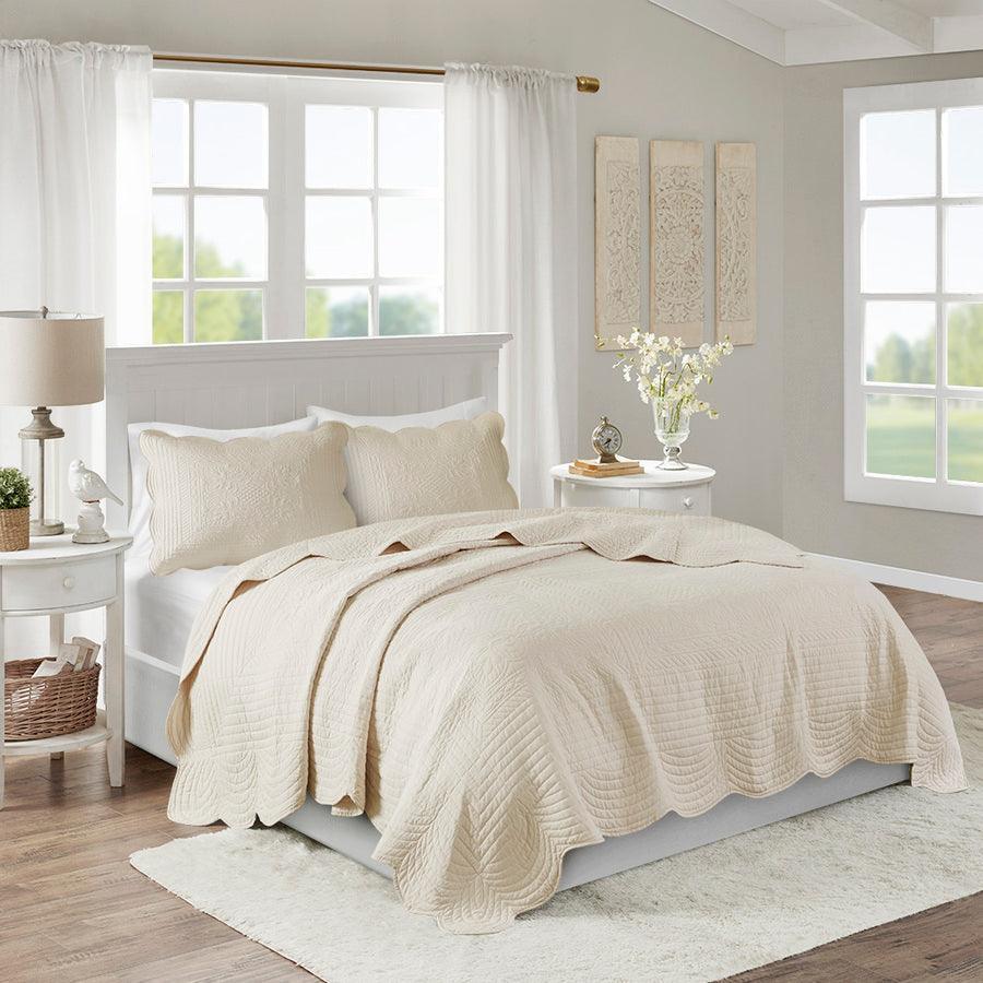 Olliix.com Comforters & Blankets - Tuscany King/California King 3 Piece Reversible Scalloped Edge Coverlet Set Cream