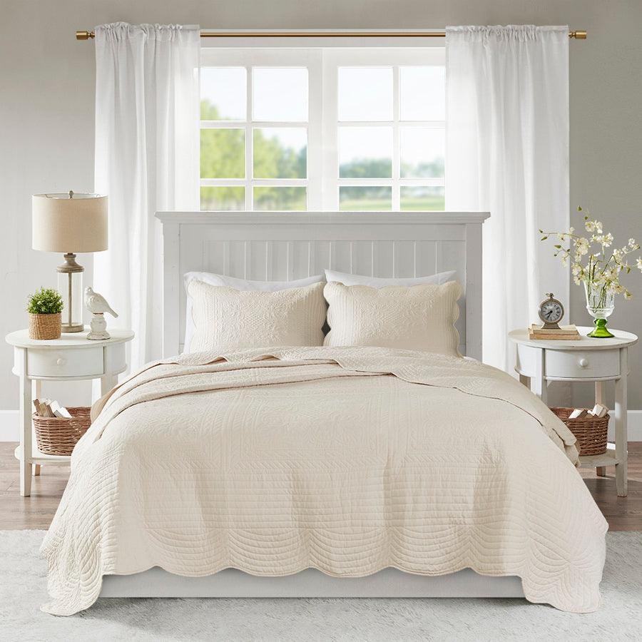 Olliix.com Comforters & Blankets - Tuscany King/California King 3 Piece Reversible Scalloped Edge Coverlet Set Cream