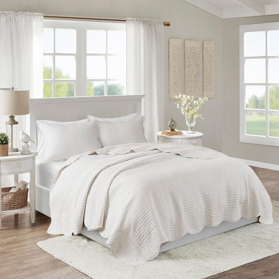 Olliix.com Comforters & Blankets - Tuscany King/California King 3 Piece Reversible Scalloped Edge Coverlet Set White