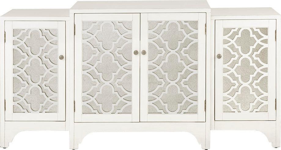 Olliix.com Buffets & Cabinets - Verona Dining Buffet Server Quaterfoil Design Kitchen Storage Cabinet with Mirrored Doors Cream