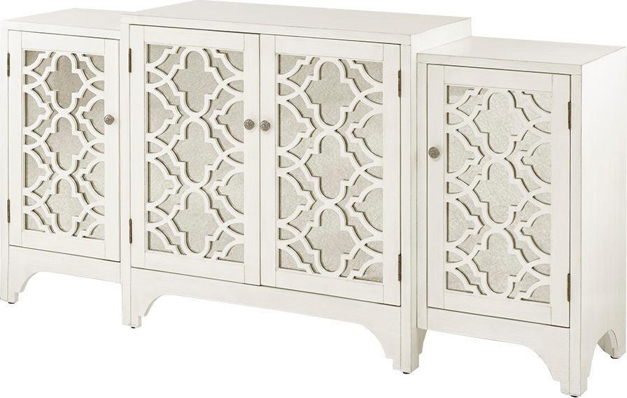 Olliix.com Buffets & Cabinets - Verona Dining Buffet Server Quaterfoil Design Kitchen Storage Cabinet with Mirrored Doors Cream
