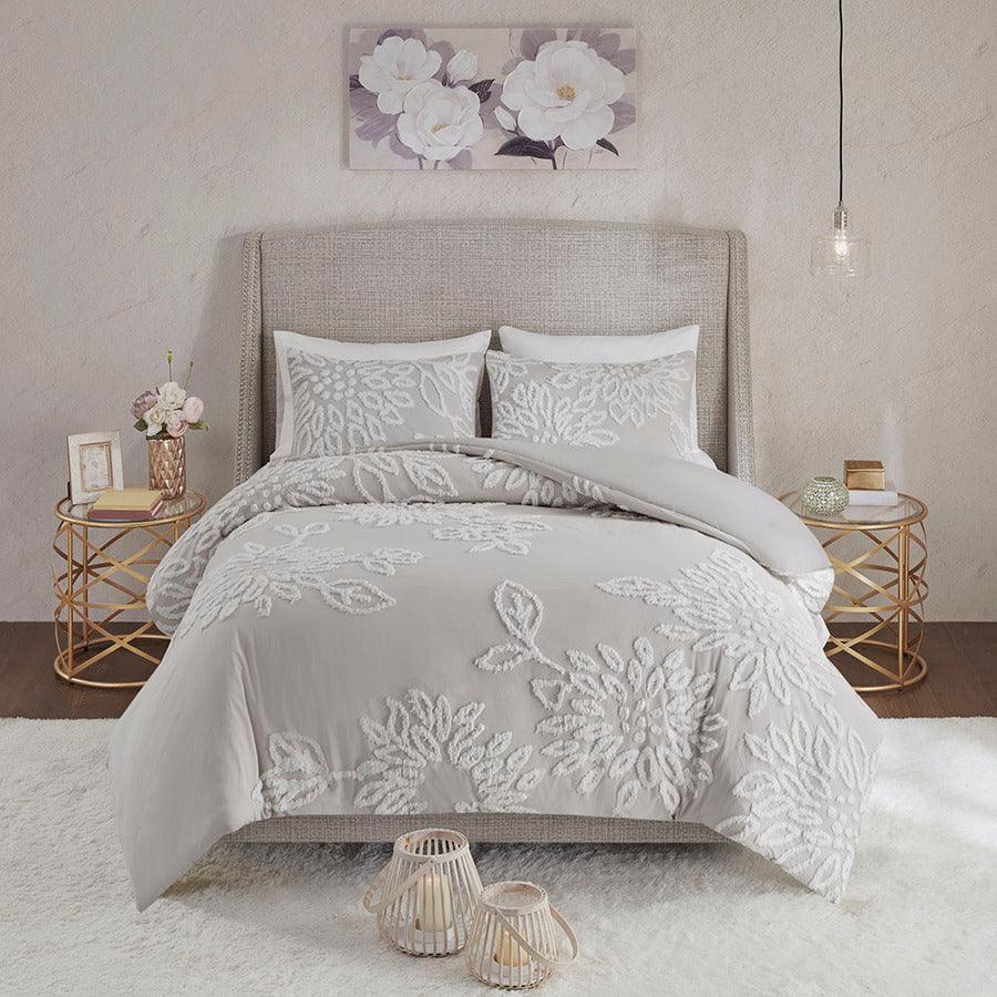 Olliix.com Comforters & Blankets - Veronica 3 Piece Tufted Cotton Chenille Floral Comforter Set Gray & White Full/Queen