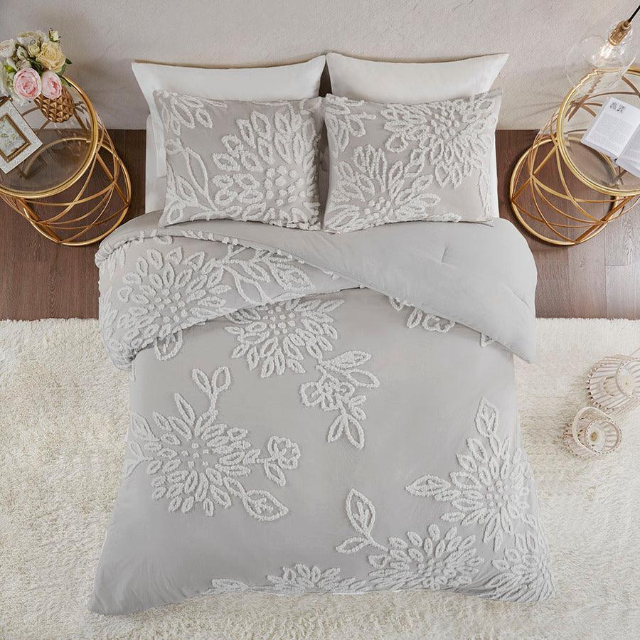 Olliix.com Comforters & Blankets - Veronica 3 Piece Tufted Cotton Chenille Floral Comforter Set Gray & White Full/Queen