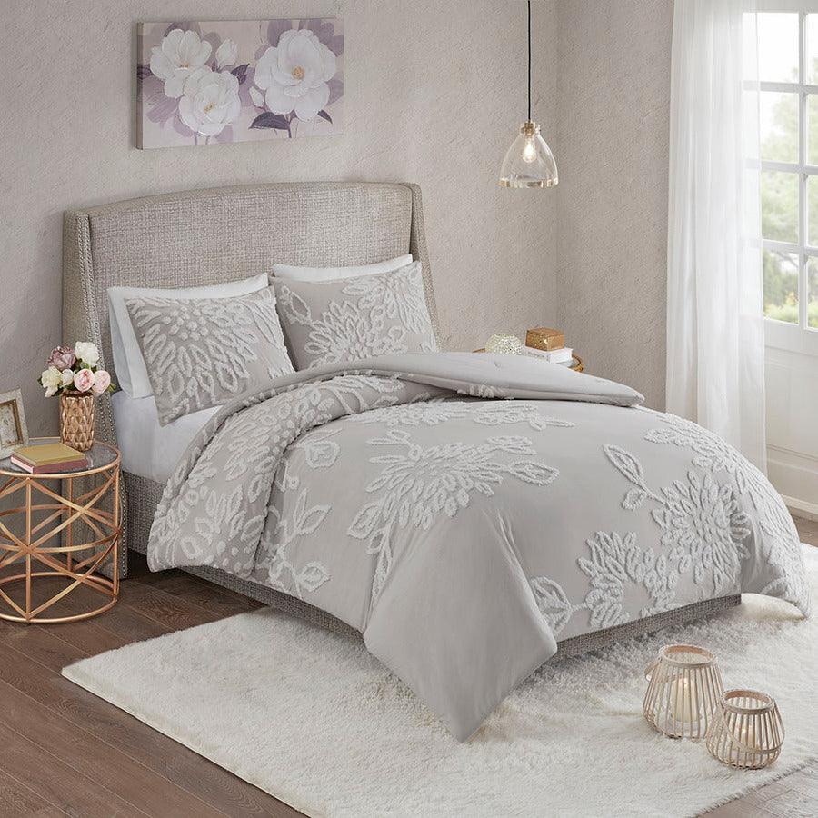 Olliix.com Comforters & Blankets - Veronica King/California King 3 Piece Tufted Cotton Chenille Floral Comforter Set Gray & White