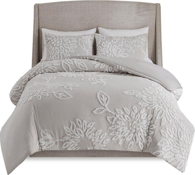 Olliix.com Comforters & Blankets - Veronica King/California King 3 Piece Tufted Cotton Chenille Floral Comforter Set Gray & White