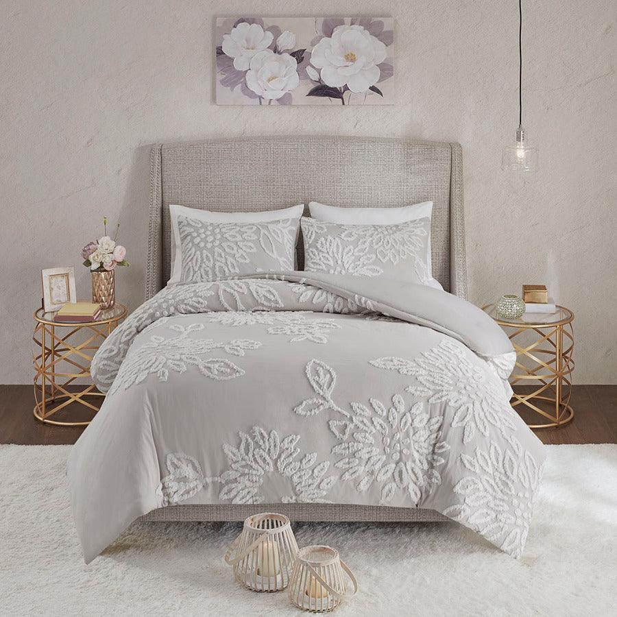 Olliix.com Comforters & Blankets - Veronica King/California King 3 Piece Tufted Cotton Chenille Floral Comforter Set Gray & White