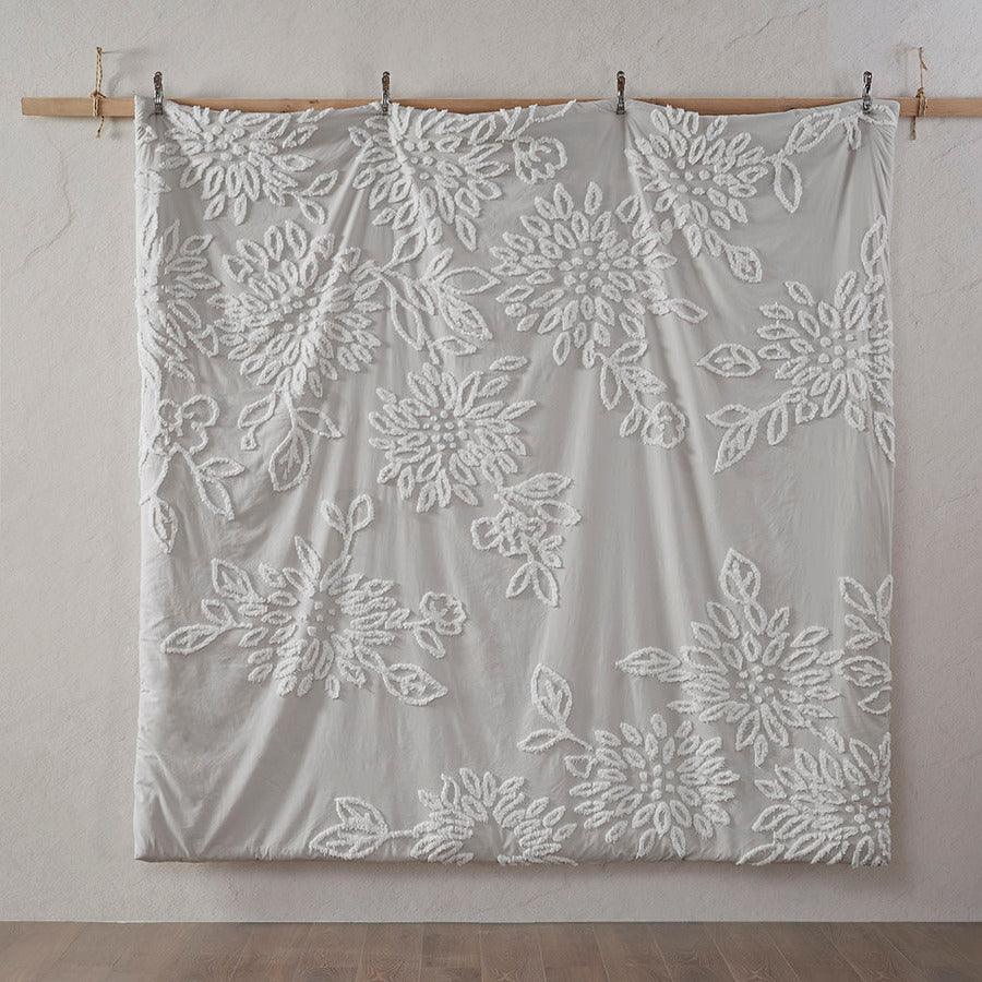 Olliix.com Comforters & Blankets - Veronica King/California King 3 Piece Tufted Cotton Chenille Floral Comforter Set Gray & White