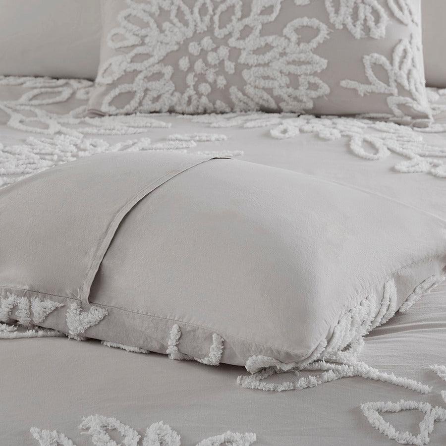 Olliix.com Comforters & Blankets - Veronica King/California King 3 Piece Tufted Cotton Chenille Floral Comforter Set Gray & White