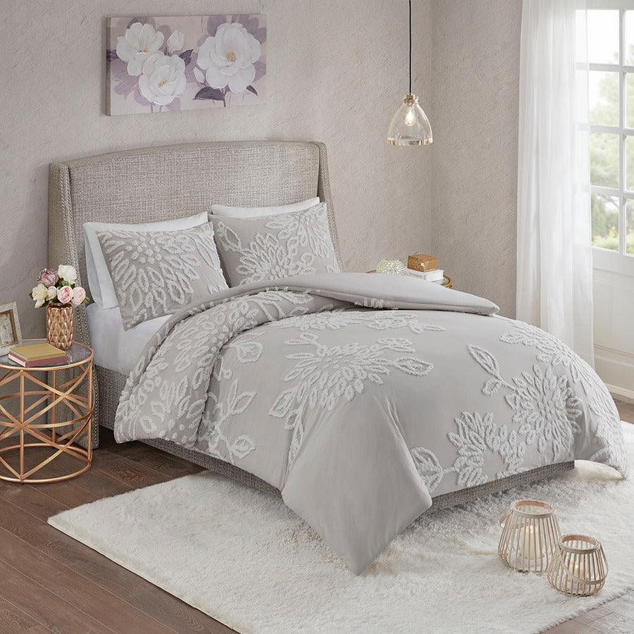 Olliix.com Duvet & Duvet Sets - Veronica Shabby Chic 3 Piece Tufted Cotton Chenille Floral Duvet Cover Set Full/Queen Gray & White