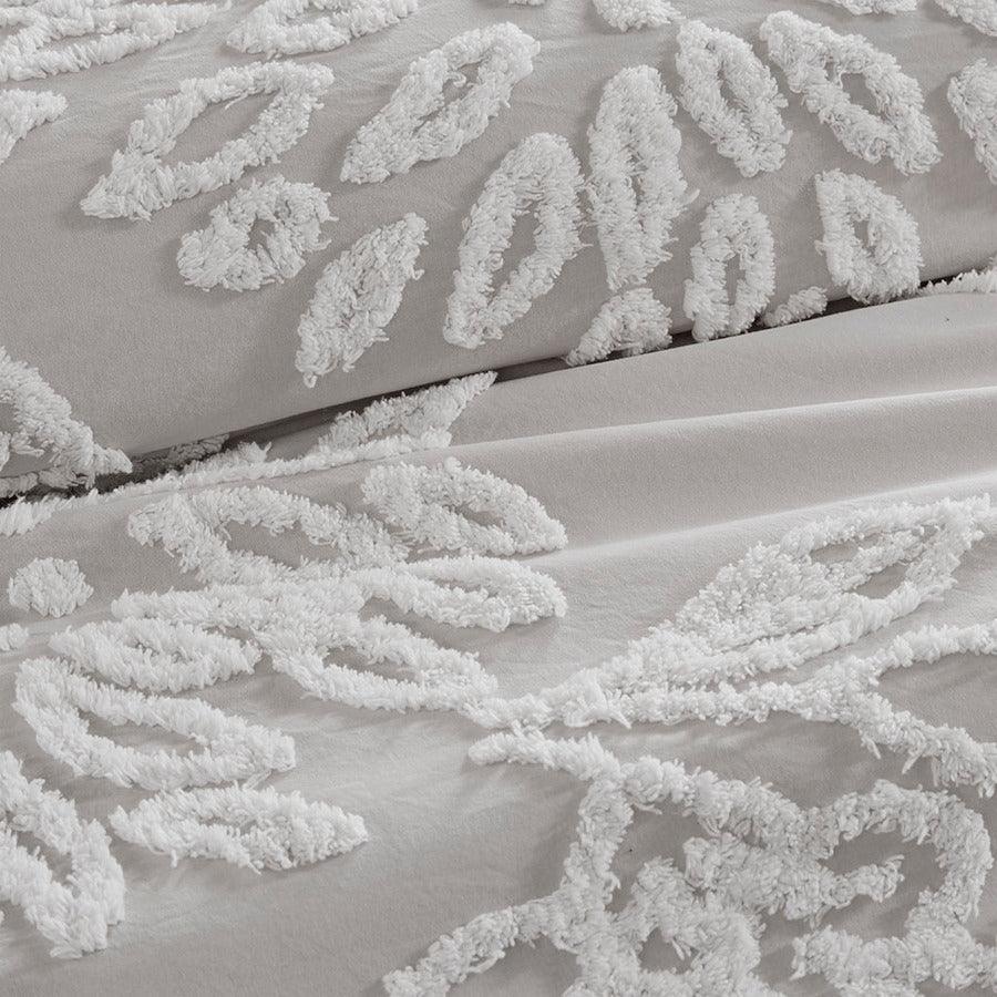Olliix.com Duvet & Duvet Sets - Veronica Shabby Chic 3 Piece Tufted Cotton Chenille Floral Duvet Cover Set Full/Queen Gray & White